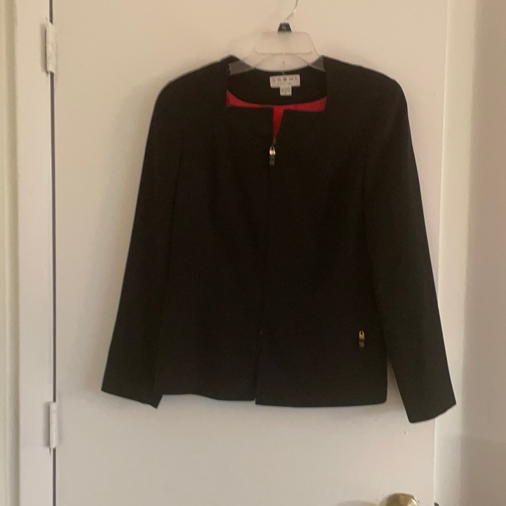 Black dressy Blazer adorned with touches of red & gold on zippers